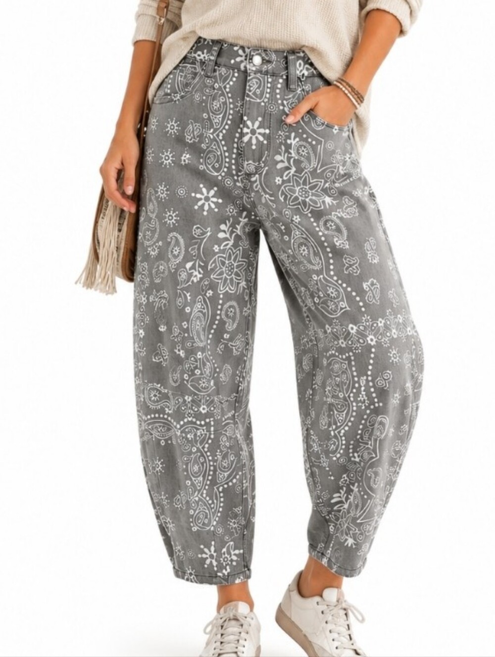 Loveimgs Gray Bandana Paisley Print Large 31" Waist Barrel Jeans Pants Western
